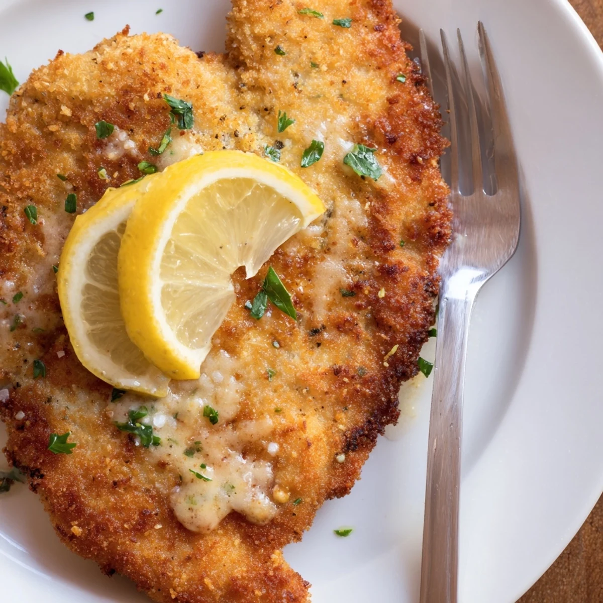 Crispy Lemon Chicken Romano beside angel hair pasta, zesty sauce spooned over
