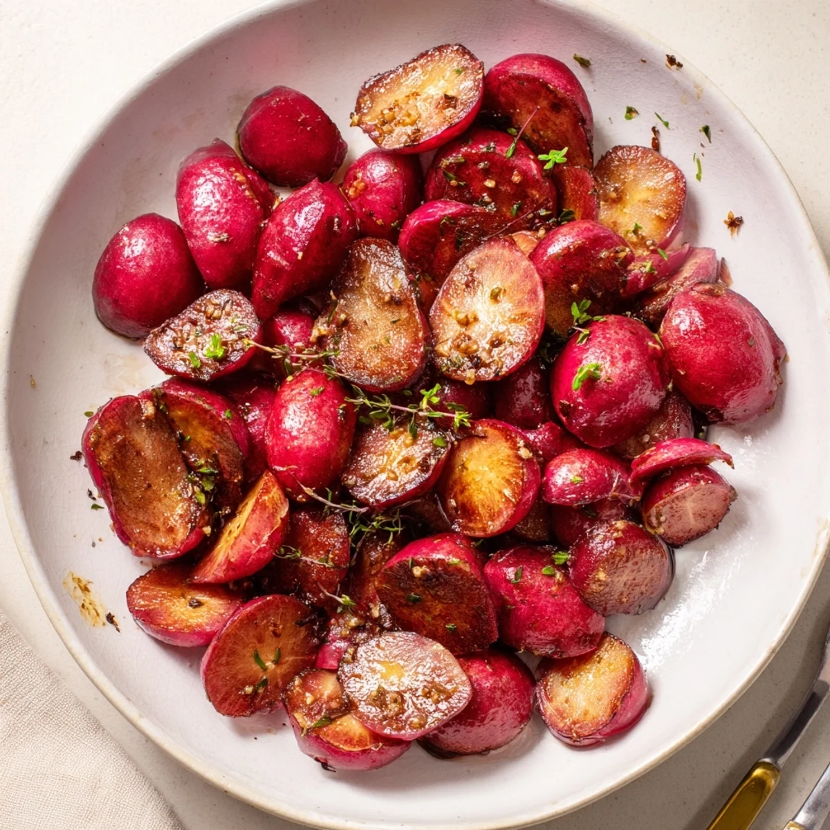 Oven tray of Garlic Roasted Radishes releasing warm, sweet, mellow garlic scent  