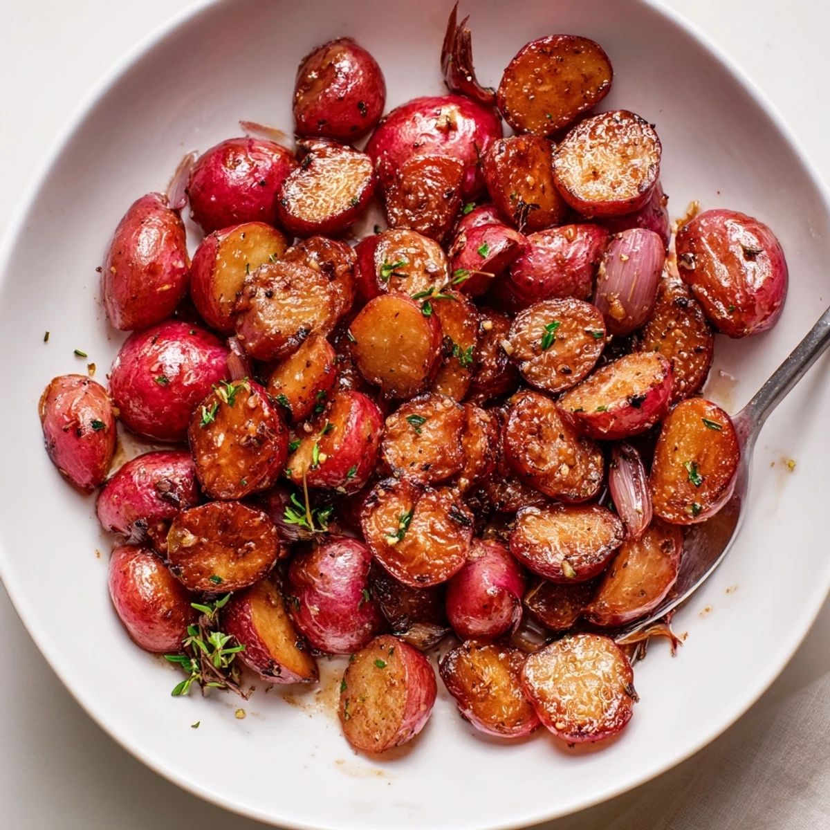 Garlic Roasted Radishes glistening with olive oil, golden edges, garlicky aroma  