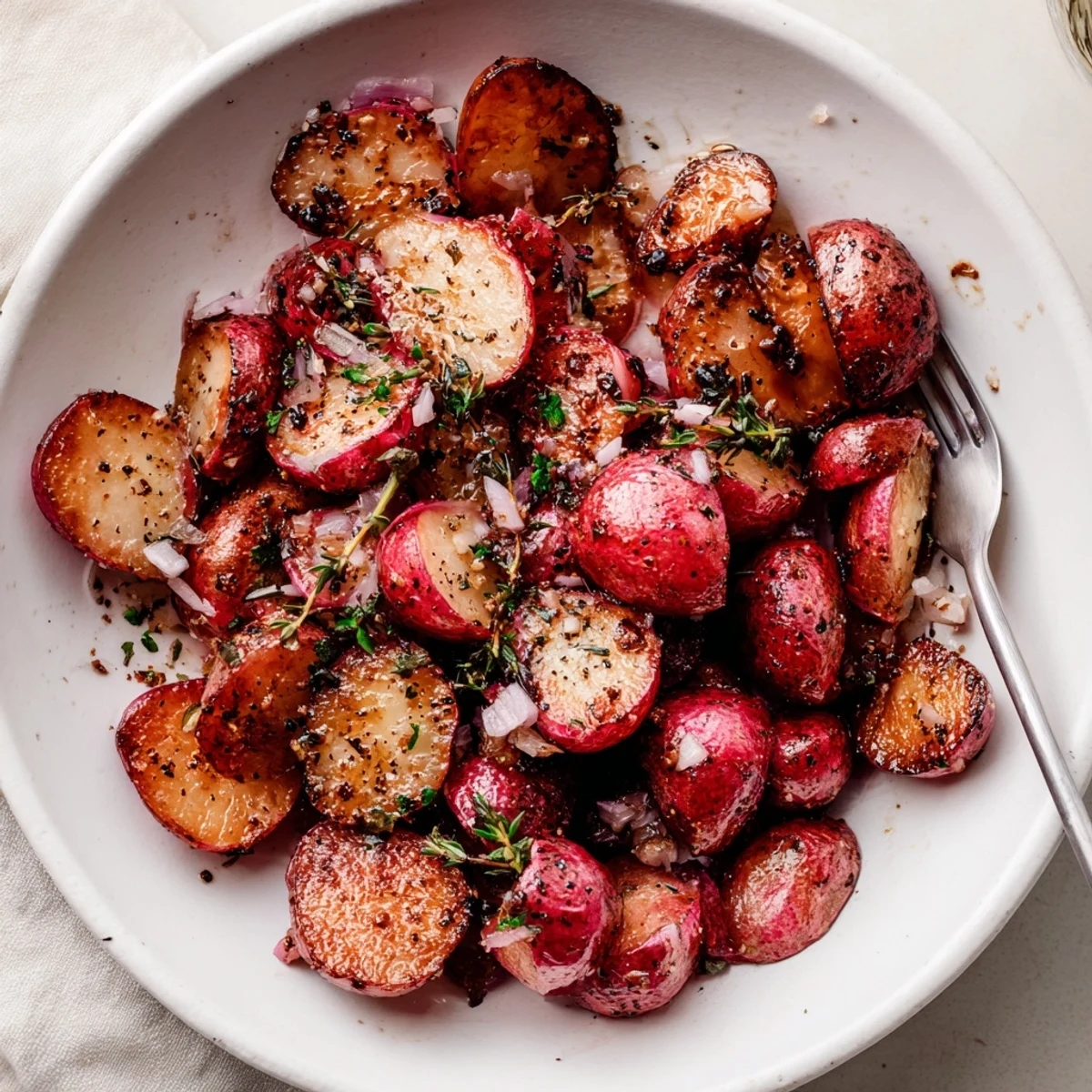 Crisp-tender Garlic Roasted Radishes with lemon squeeze, perfect alongside roasted meats