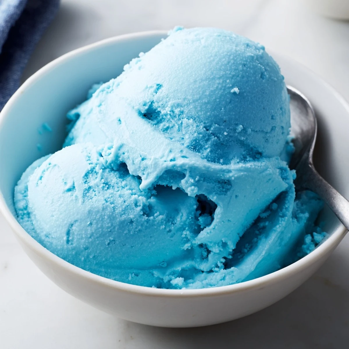 Creamy blue moon ice cream scooped into a crispy waffle cone with sprinkles