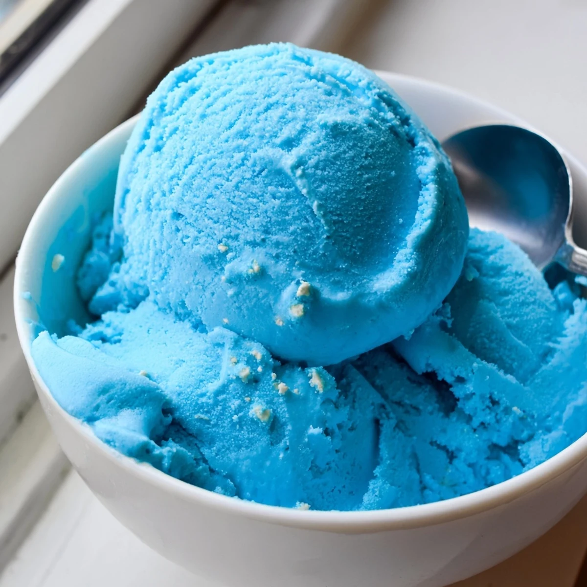 Vibrant blue moon ice cream served in a bowl topped with whipped cream