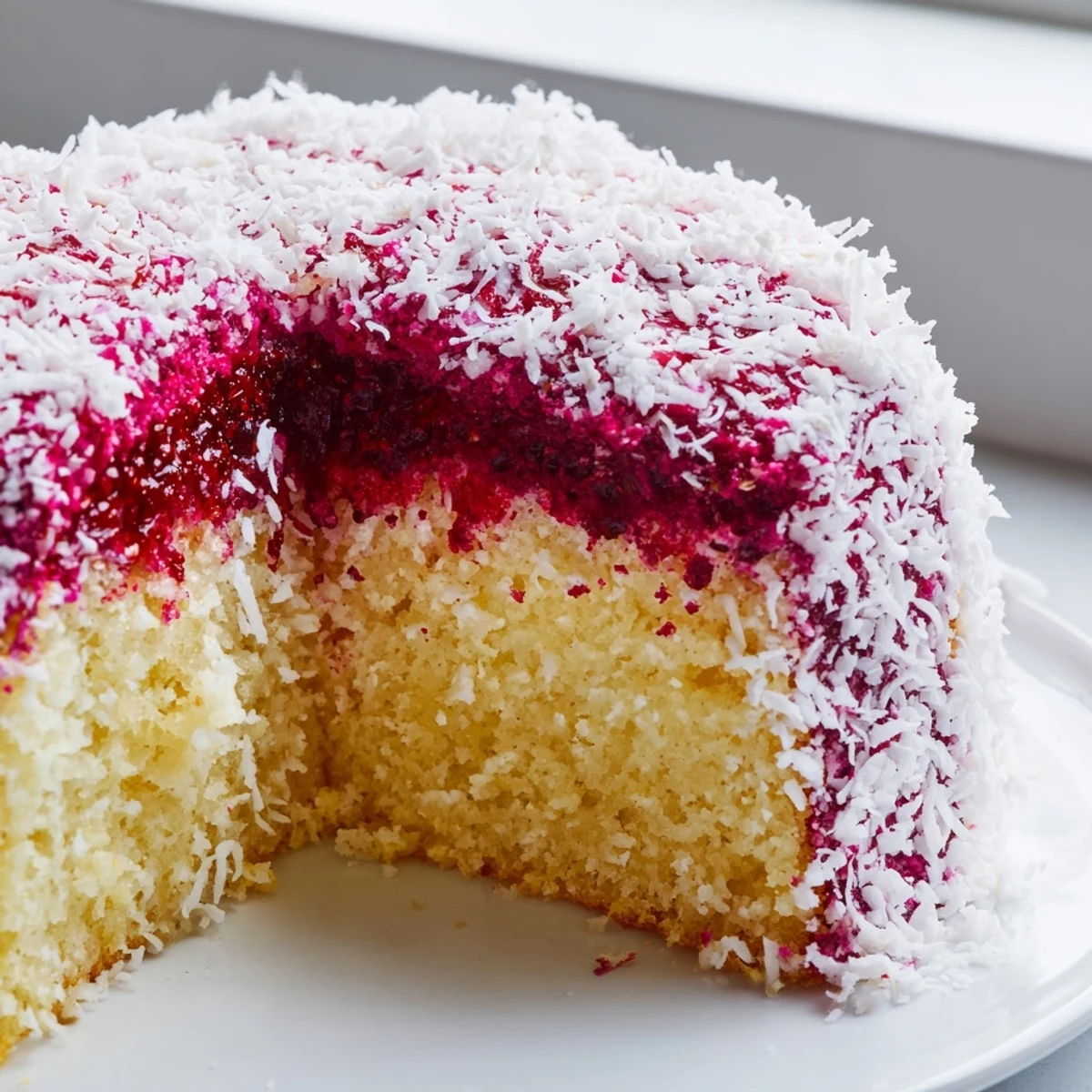 Pink raspberry lamingtons coated in coconut on a white dessert plate