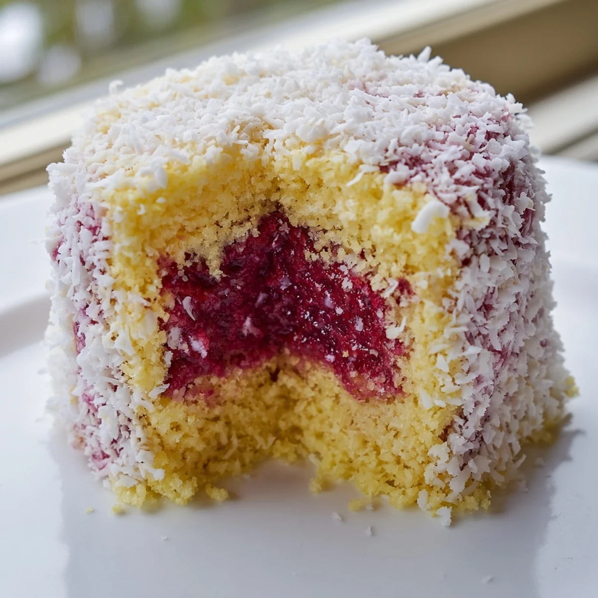 Soft sponge cubes dripping with raspberry glaze and covered in coconut