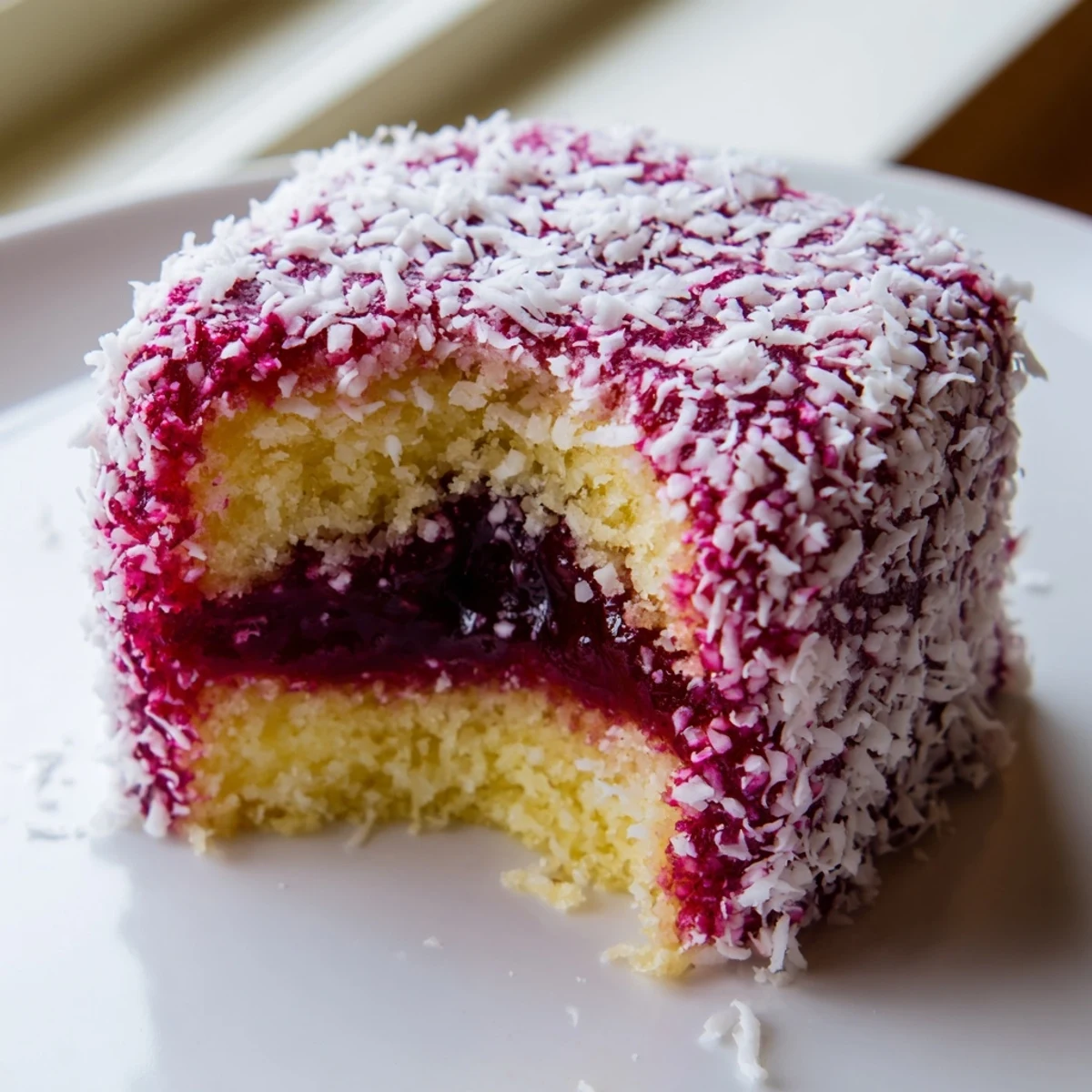 Homemade raspberry lamingtons dusted with flaked coconut served alongside afternoon tea