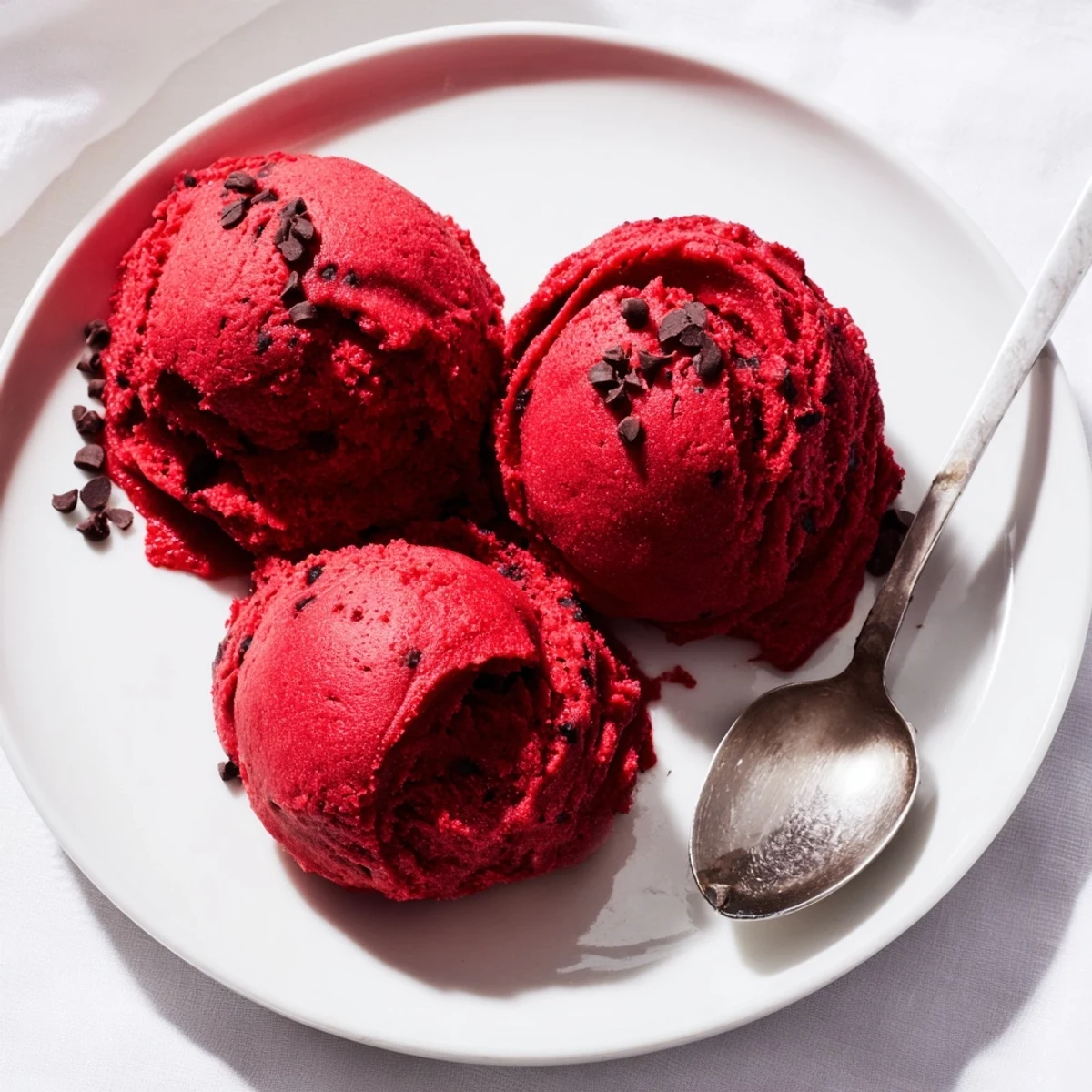 Creamy red velvet cookie dough scooped into a bowl with mini chocolate chips scattered on top