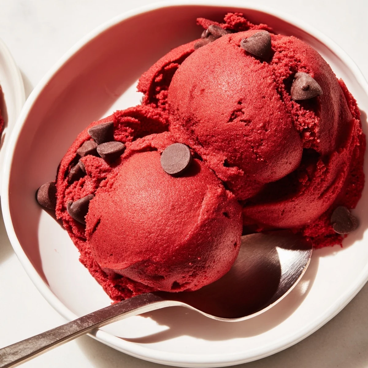 Spoonfuls of rich red velvet cookie dough dotted with chocolate chips on a marble countertop