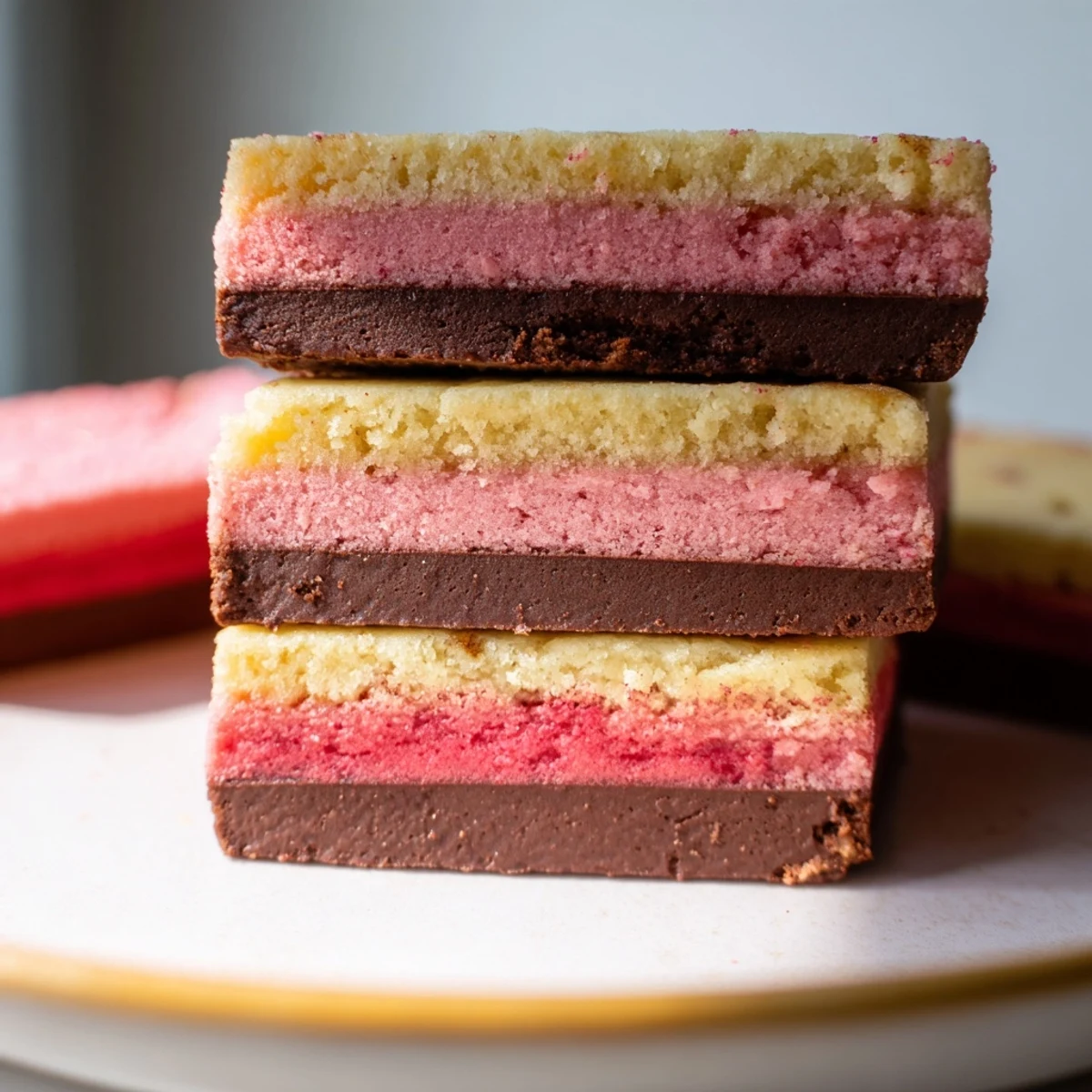 Colorful Neapolitan Cookies with chocolate, vanilla, and strawberry dough sliced and freshly baked on a rustic wooden cutting board.