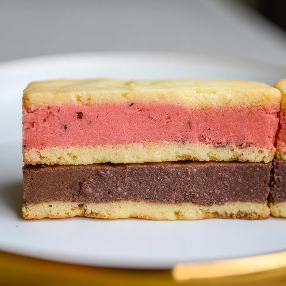 Neapolitan Cookies layered in pink, brown, and blonde dough, sliced into buttery rounds cooling on a wire rack.