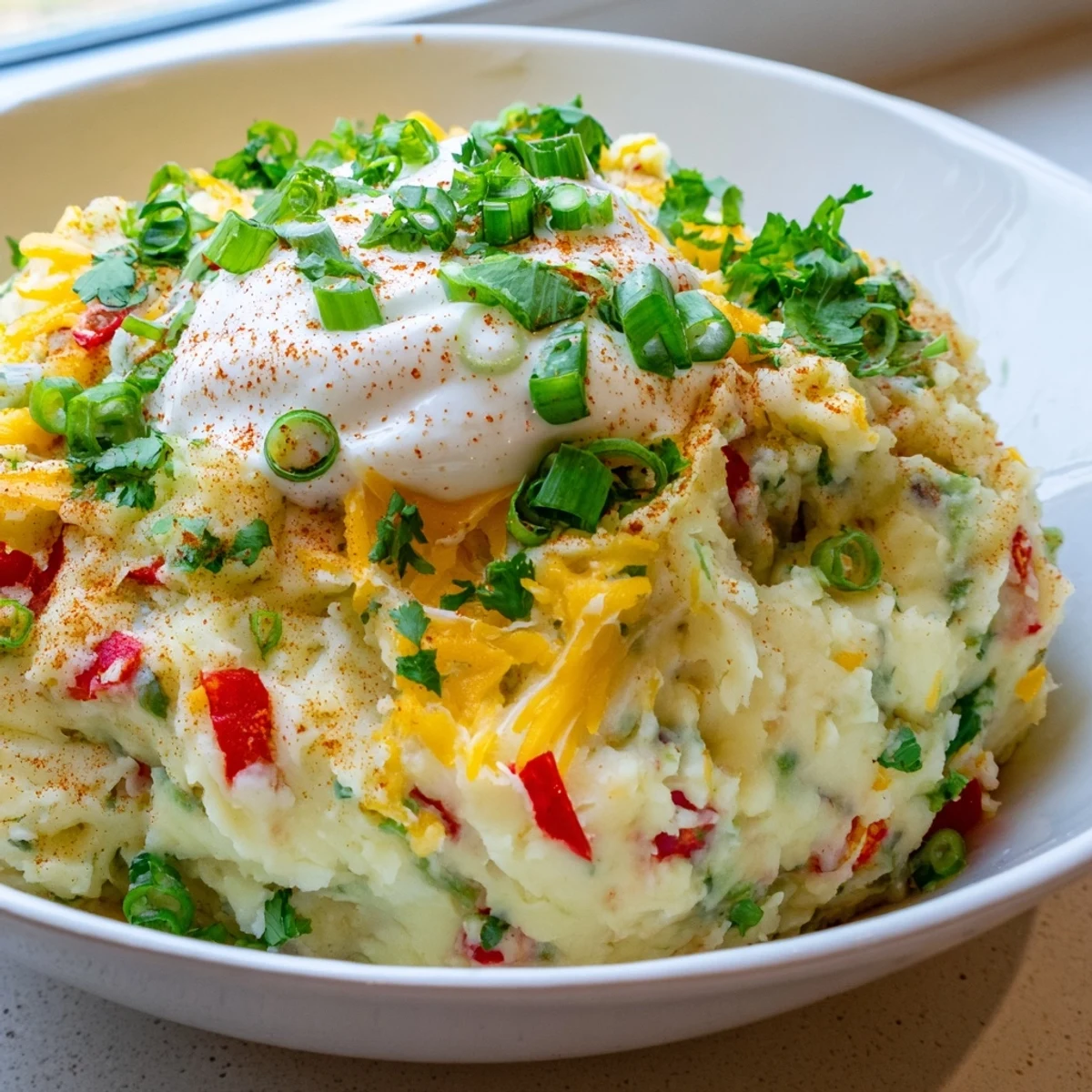 Creamy Tex Mex mashed potatoes topped with melted cheddar and fresh cilantro