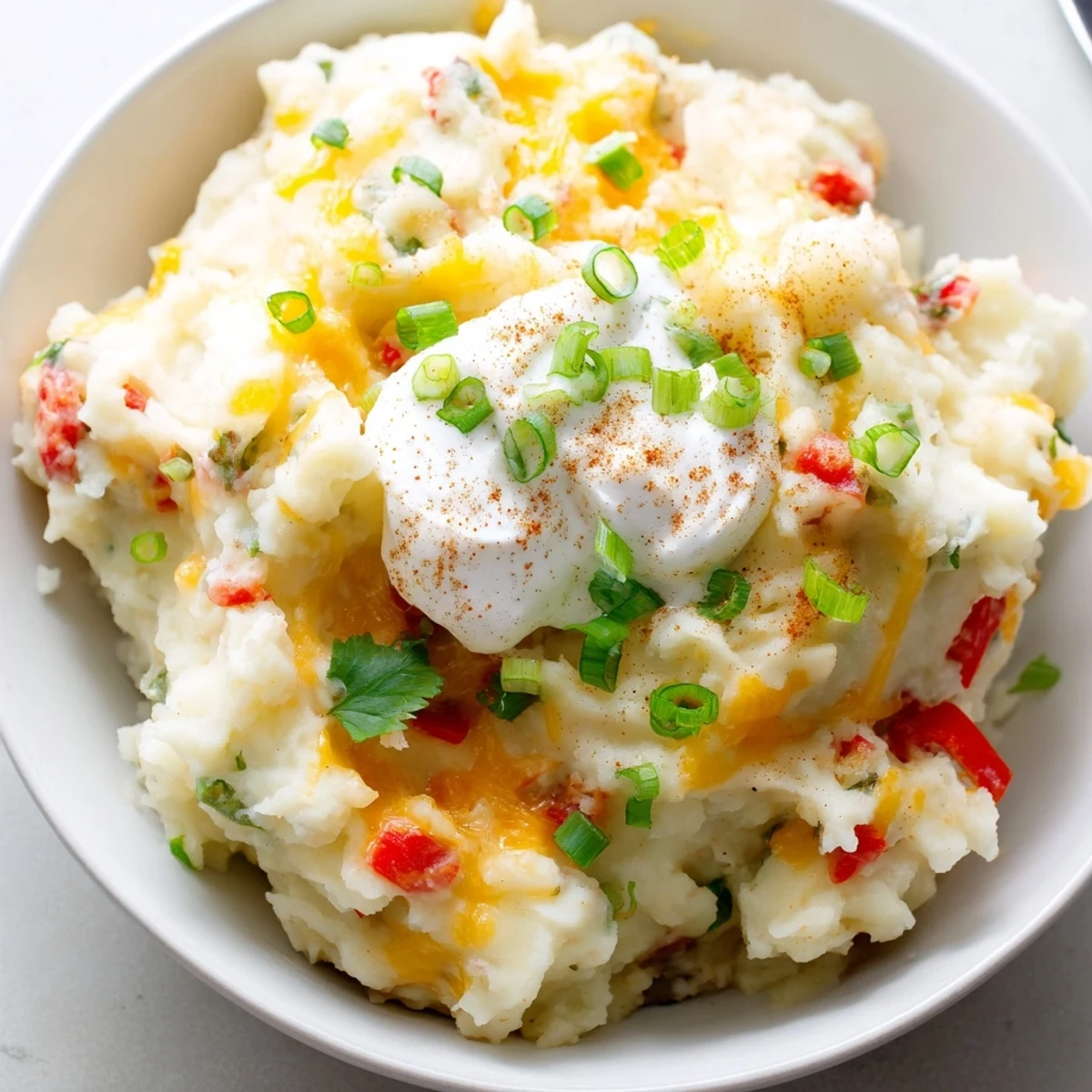 Spicy Tex Mex mashed potatoes served in a rustic bowl with colorful garnishes