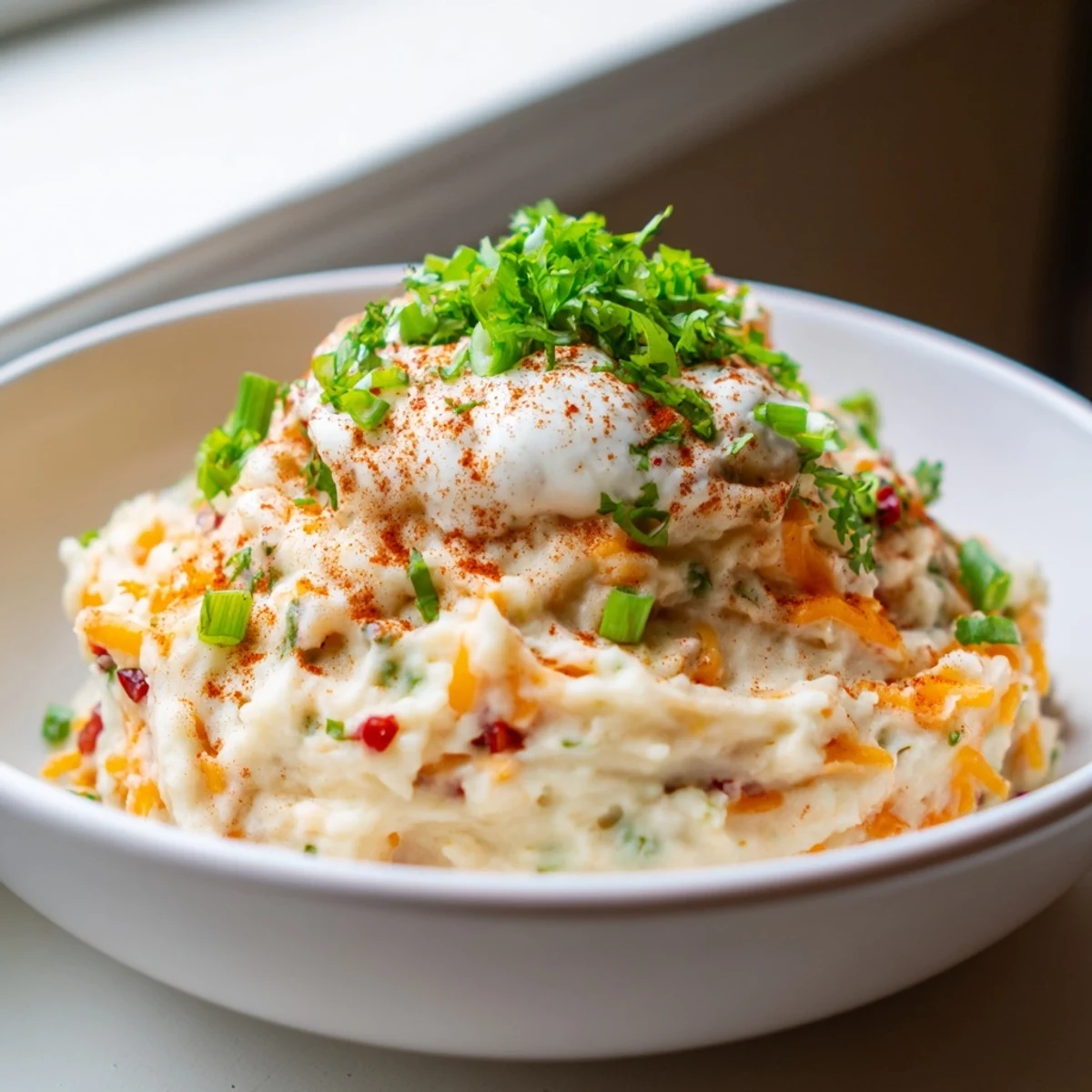 Golden Tex Mex mashed potatoes studded with red bell pepper and jalapeño bits