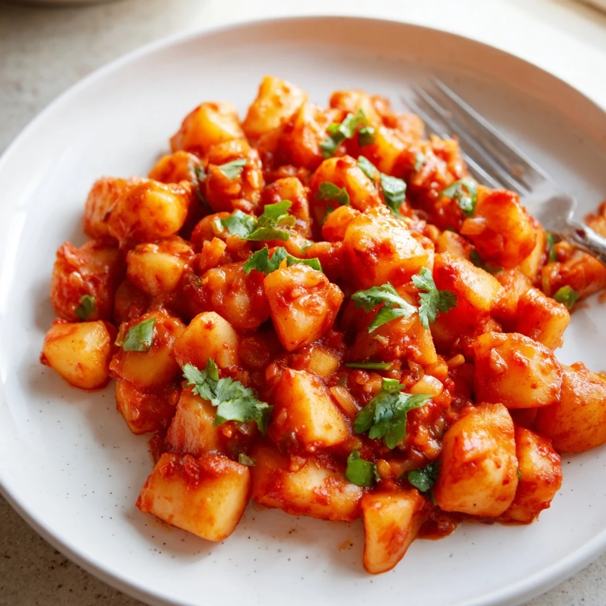Golden papas con chile simmered in a rich, mildly spicy red sauce with tender potatoes.