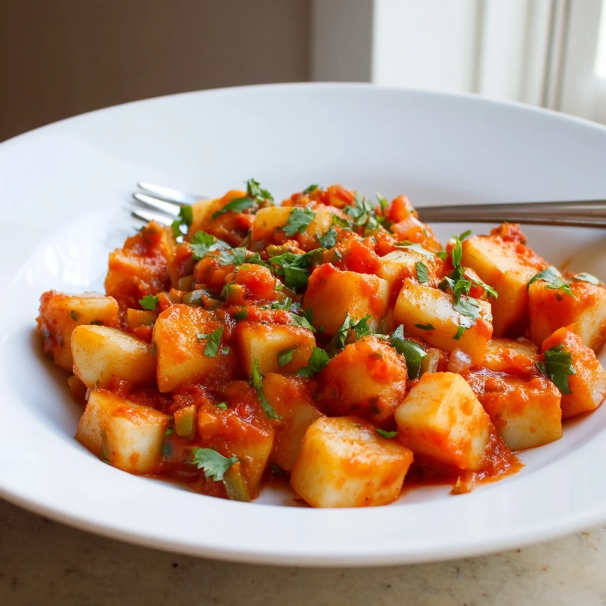 Hearty papas con chile topped with fresh cilantro in a cast iron skillet.