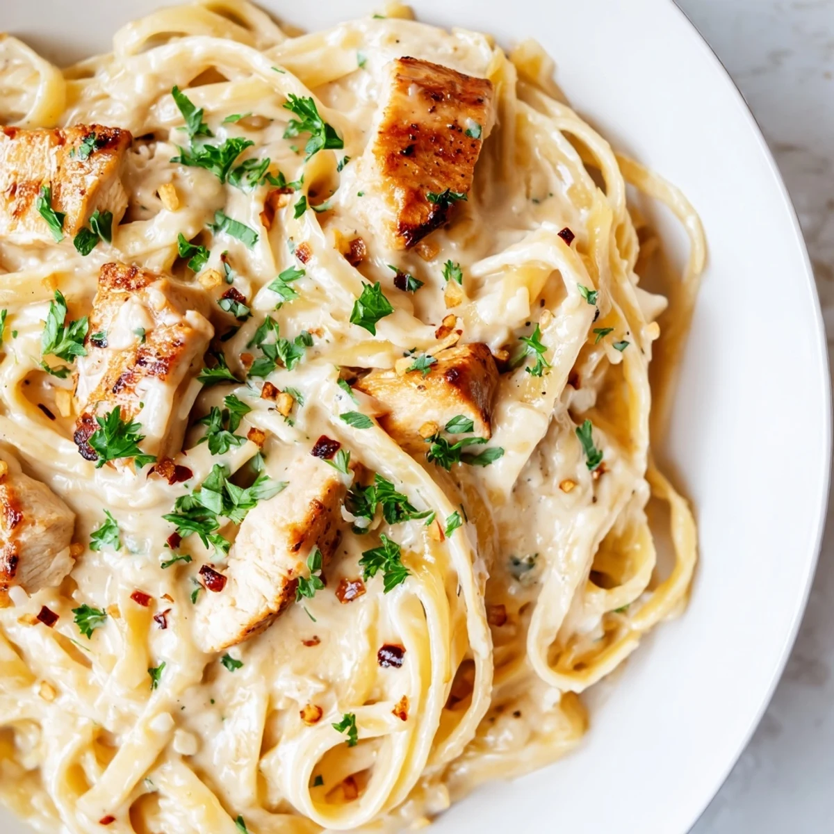 A steaming bowl of Creamy Garlic Parmesan Chicken Pasta coated in rich velvety sauce