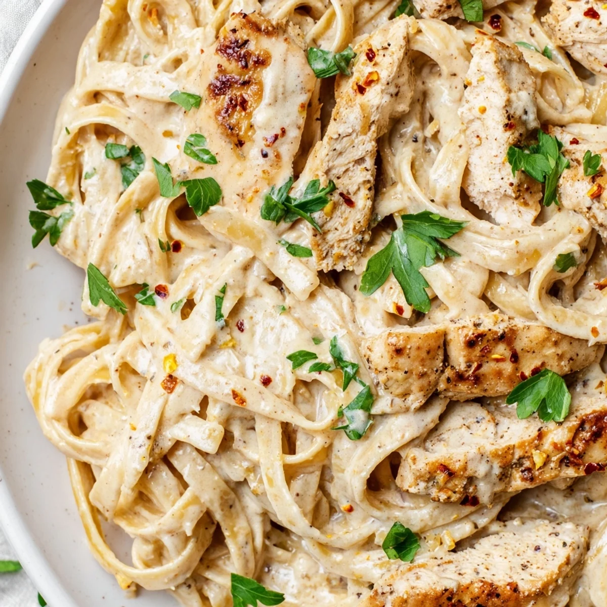 Creamy Garlic Parmesan Chicken Pasta draped in silky golden sauce with fresh parsley garnish