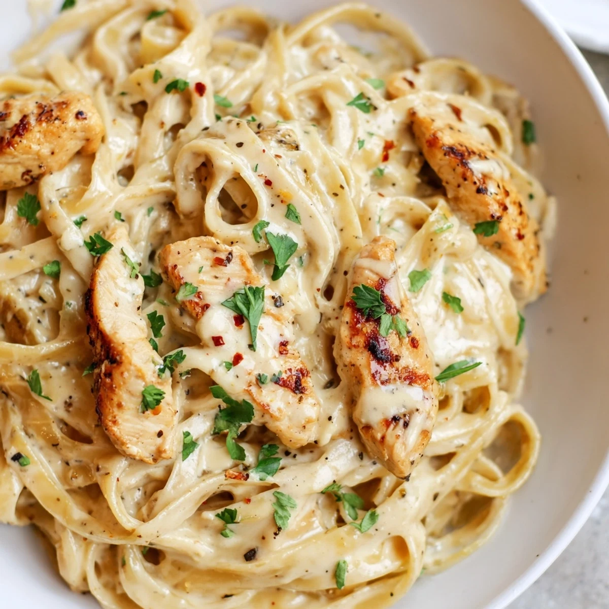Creamy Garlic Parmesan Chicken Pasta tossed with juicy seared chicken strips and tender fettuccine