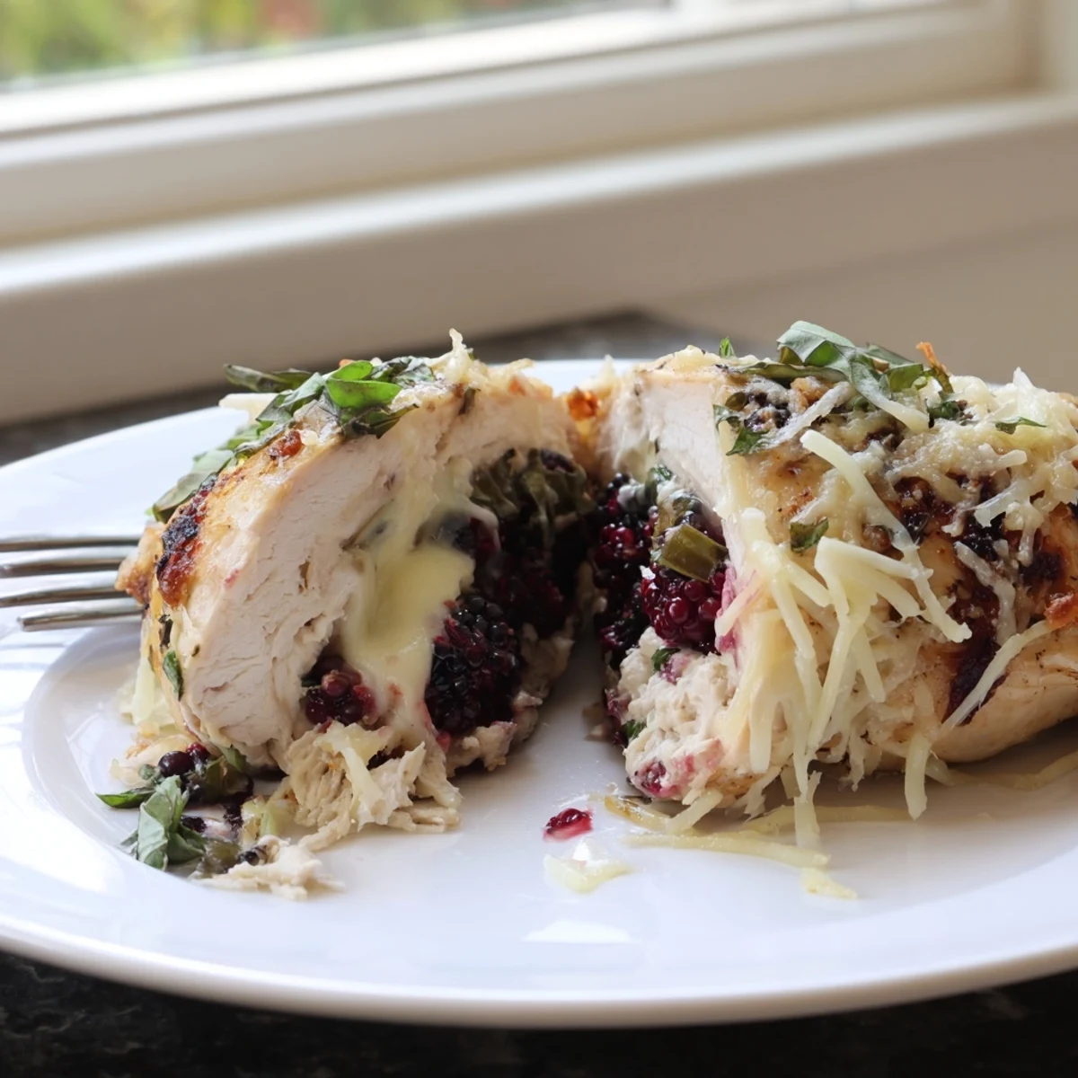 Golden baked blackberry jalapeno stuffed chicken with melted mozzarella on a rustic plate