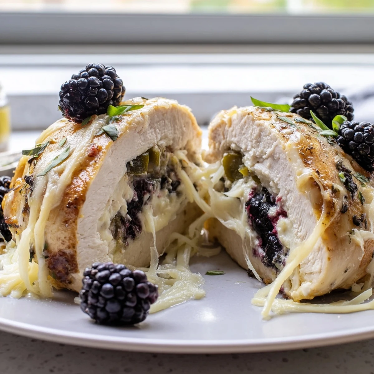 Seared blackberry jalapeno stuffed chicken topped with bubbling cheese and fresh basil garnish