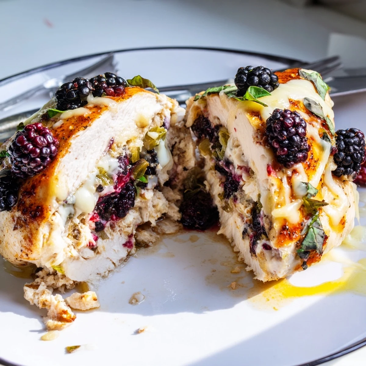 Juicy blackberry jalapeno stuffed chicken oozing creamy goat cheese fresh from the oven
