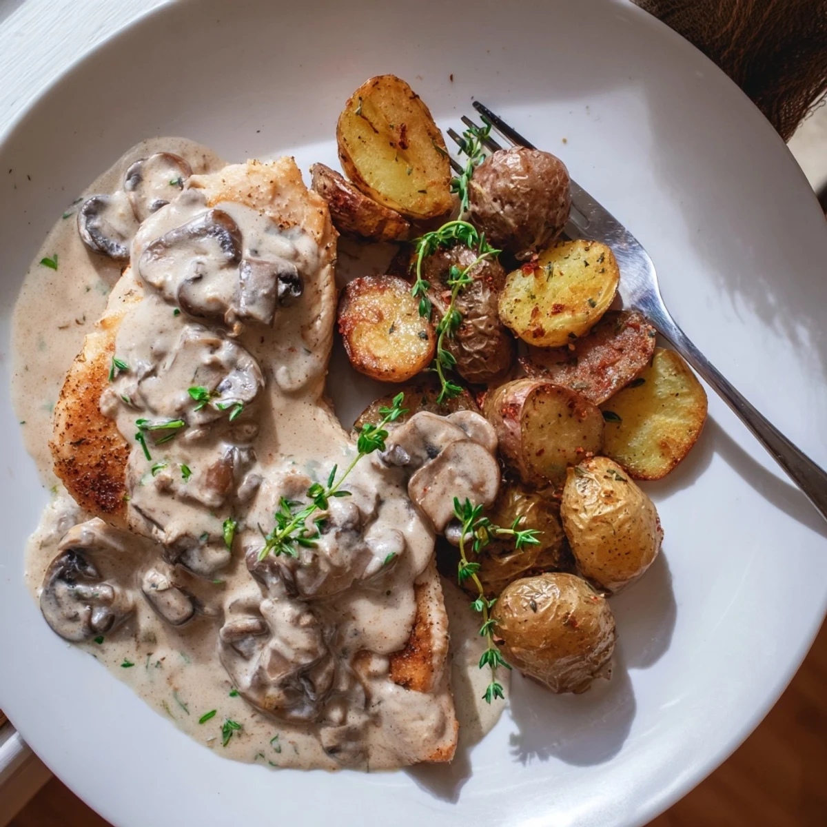 Creamy Mushroom Chicken plated with golden herb-roasted potatoes and fresh thyme garnish