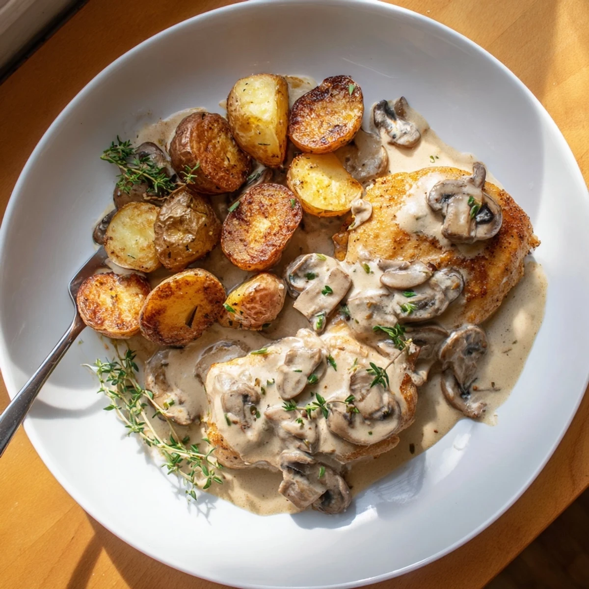 Tender Creamy Mushroom Chicken in rich garlic mushroom cream sauce with crispy potatoes