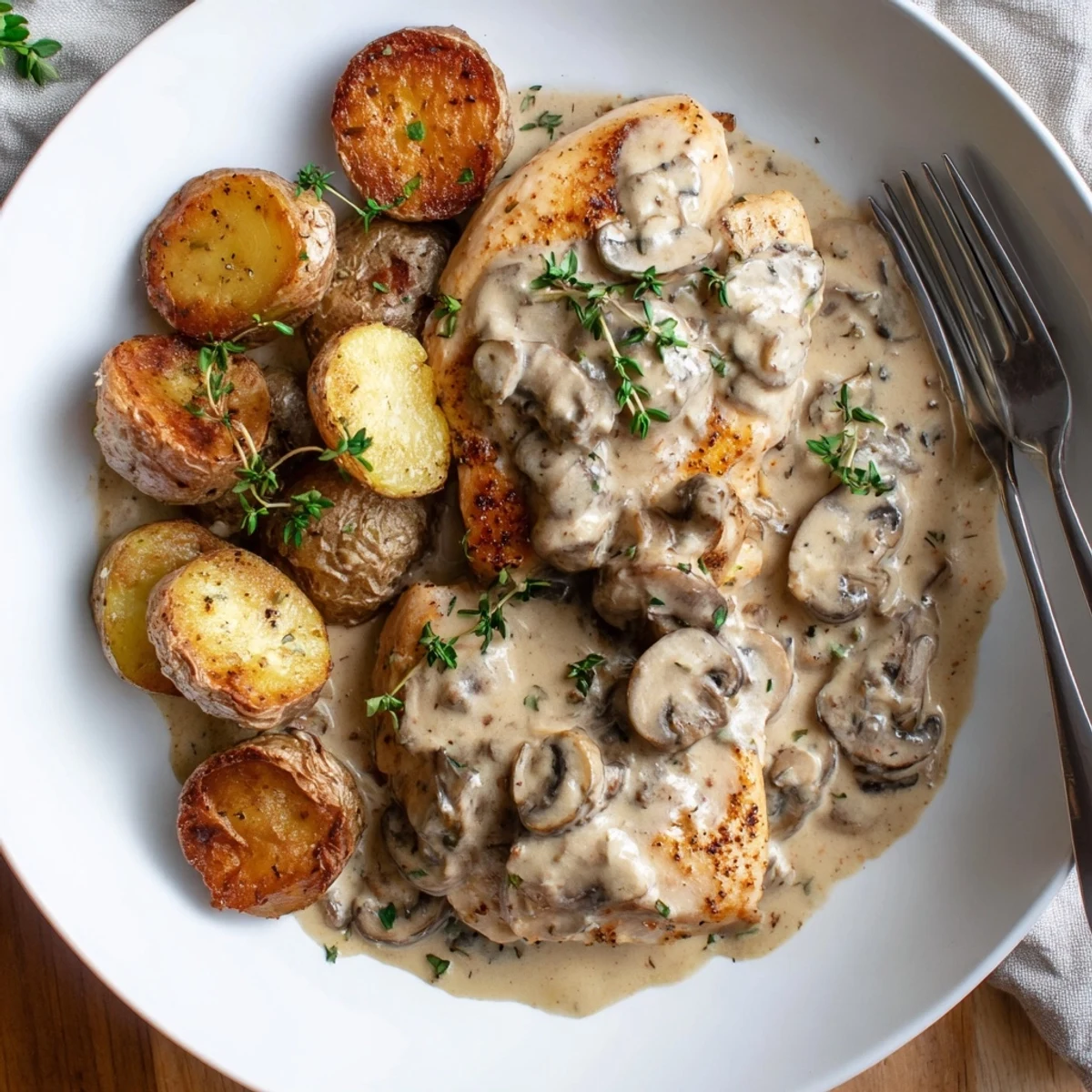 Pan-seared Creamy Mushroom Chicken smothered in velvety sauce beside crispy potato halves