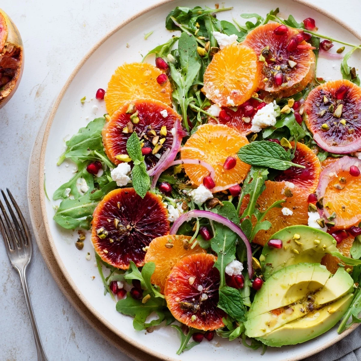 Bright citrus salad with pomegranate seeds, creamy avocado, and crumbled feta on greens