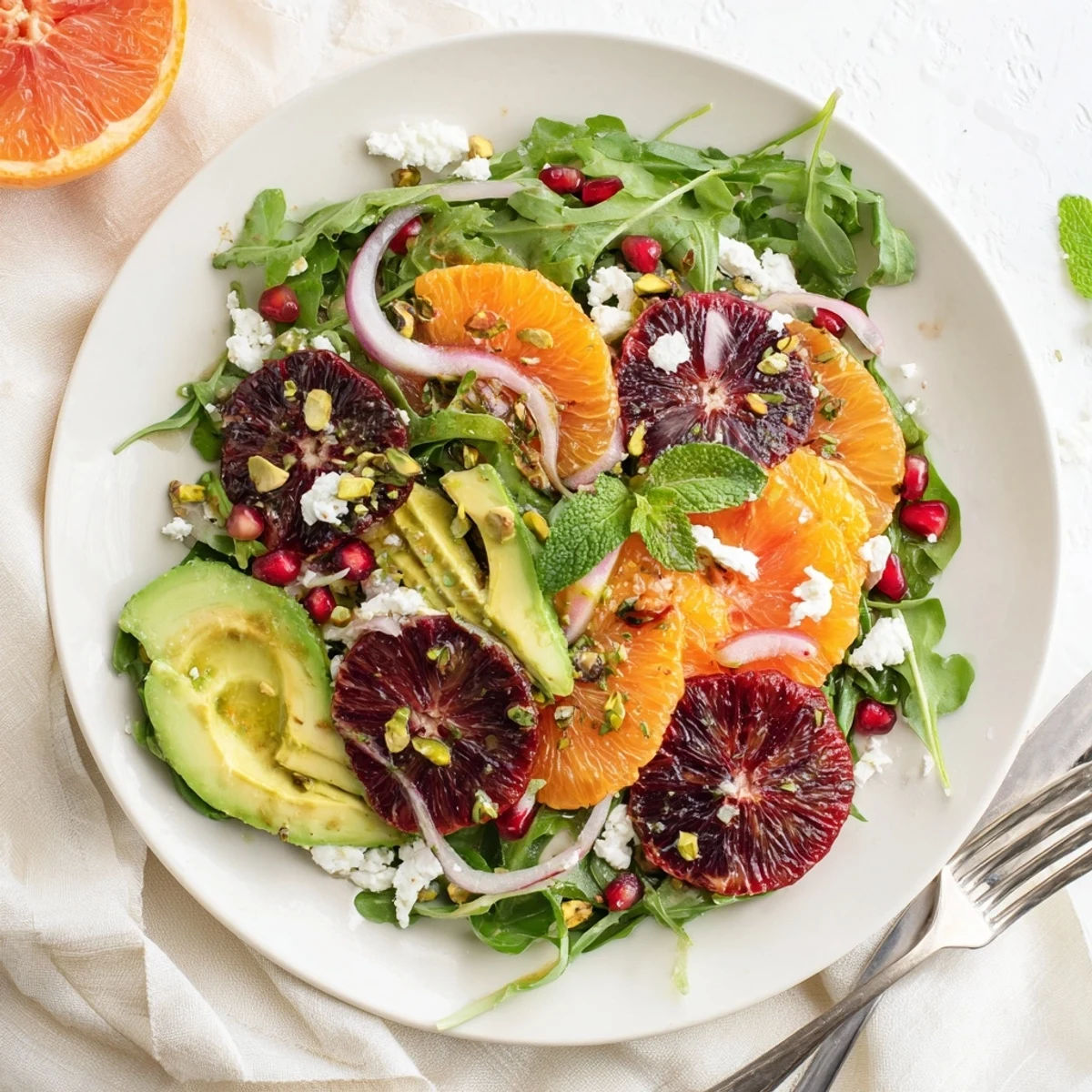 Refreshing citrus salad drizzled with dressing, garnished with pomegranate, avocado, and fresh mint