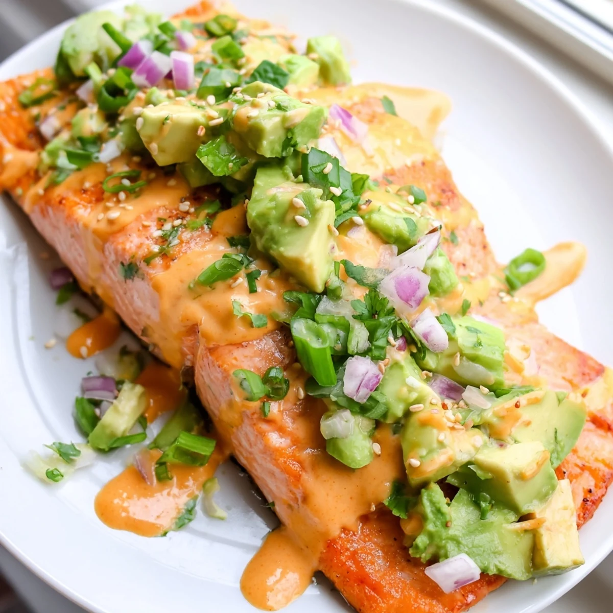 Crispy glazed Bang Bang Salmon topped with creamy avocado cucumber salsa on a white plate