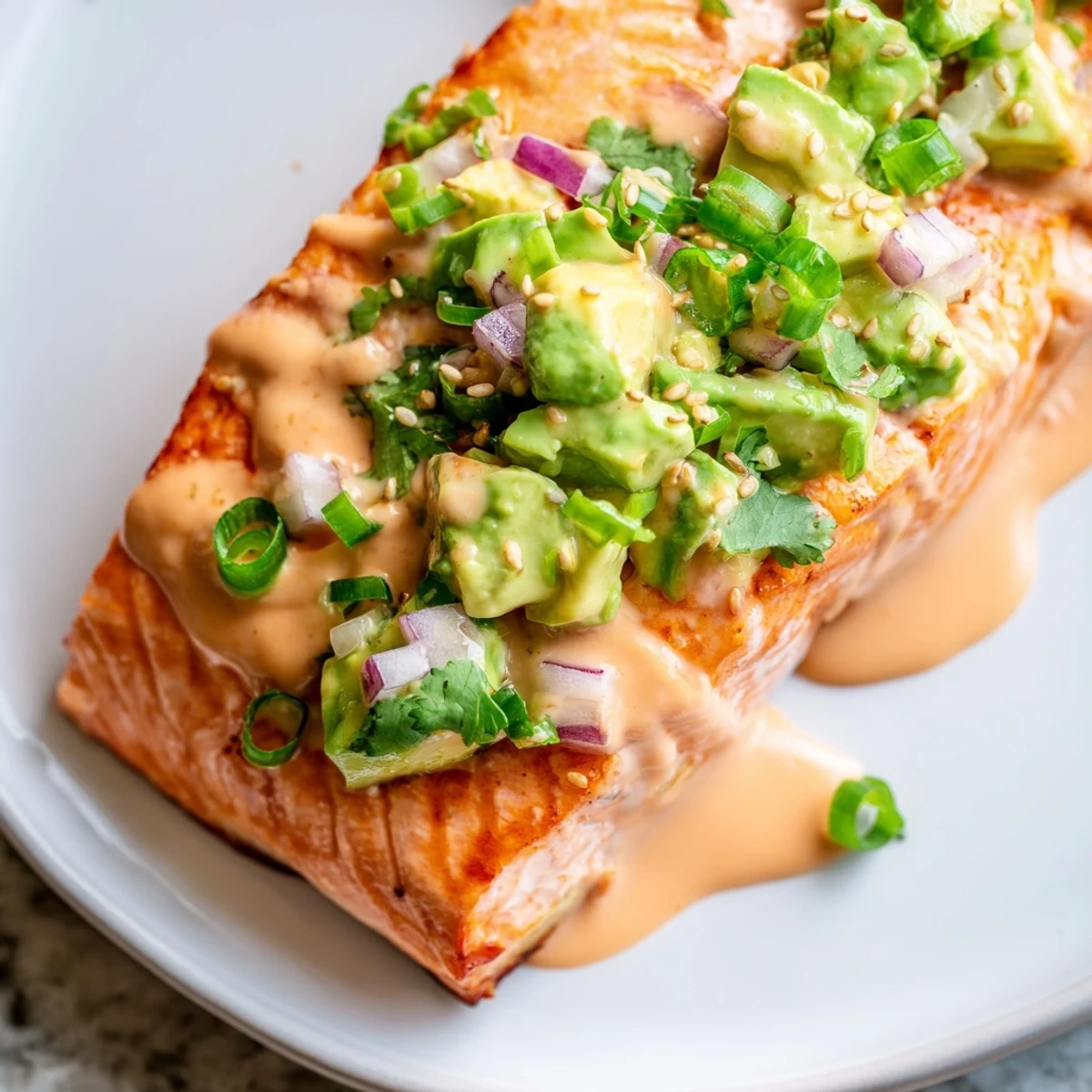 Golden Bang Bang Salmon fillet drizzled with spicy sauce beside fresh avocado cucumber salsa