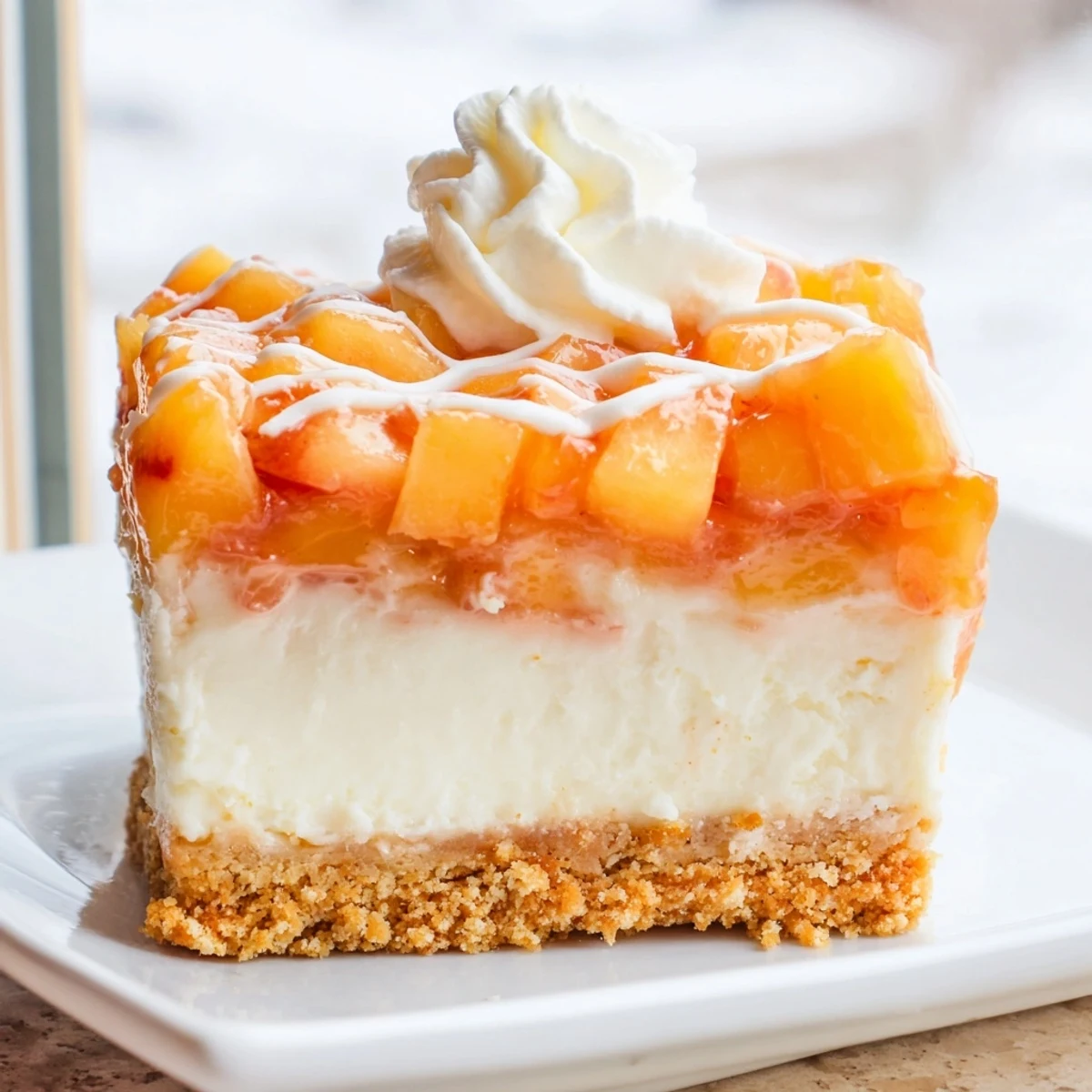 Golden Peaches and Cream Cheesecake Bars with juicy peach topping on a buttery graham crust
