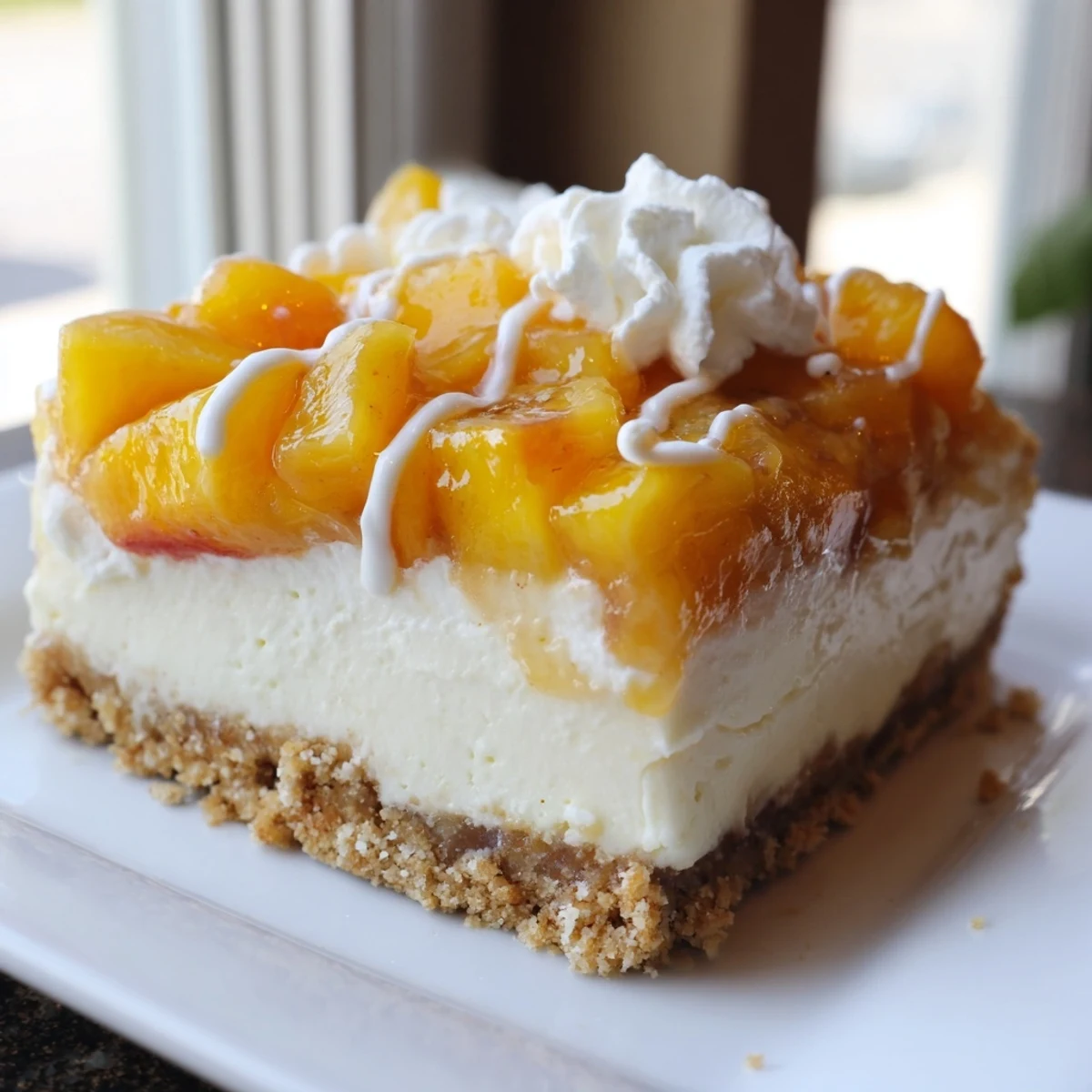 Creamy Peaches and Cream Cheesecake Bars sliced and drizzled with fresh whipped cream