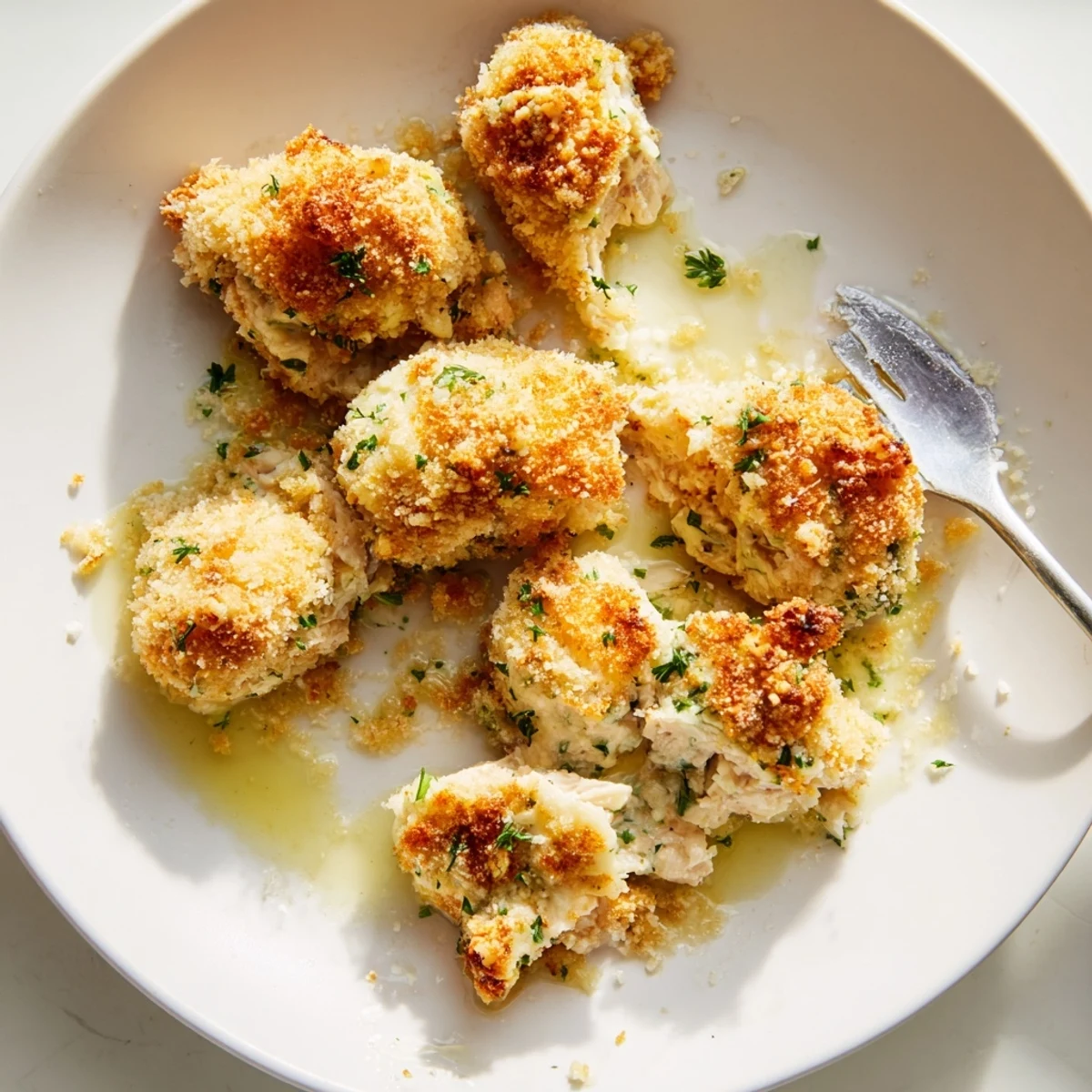 Golden crispy breadcrumb topping on a bubbling Chicken Kiev casserole fresh from the oven