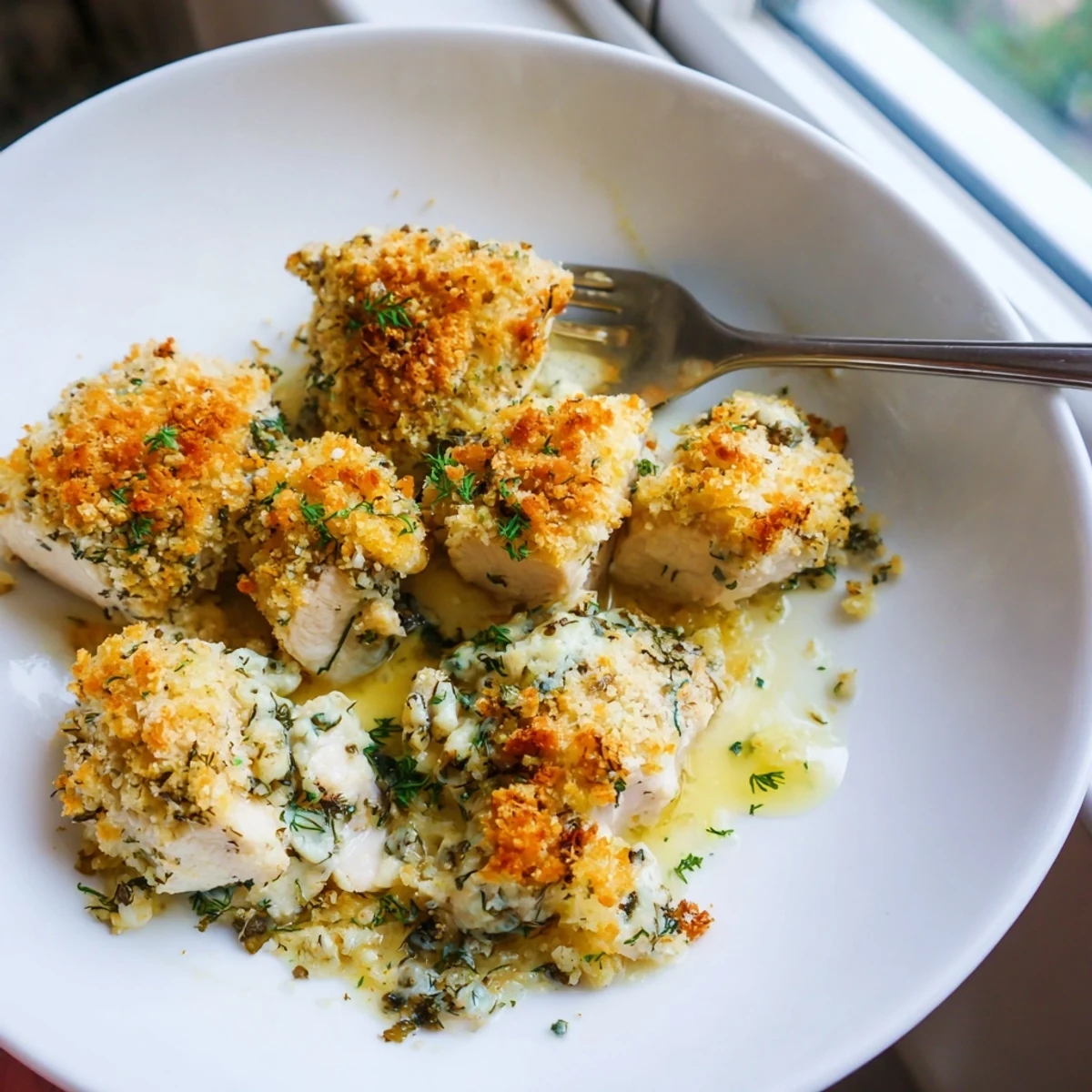 Serving spoon lifts juicy chicken and buttery sauce from a hot Chicken Kiev casserole