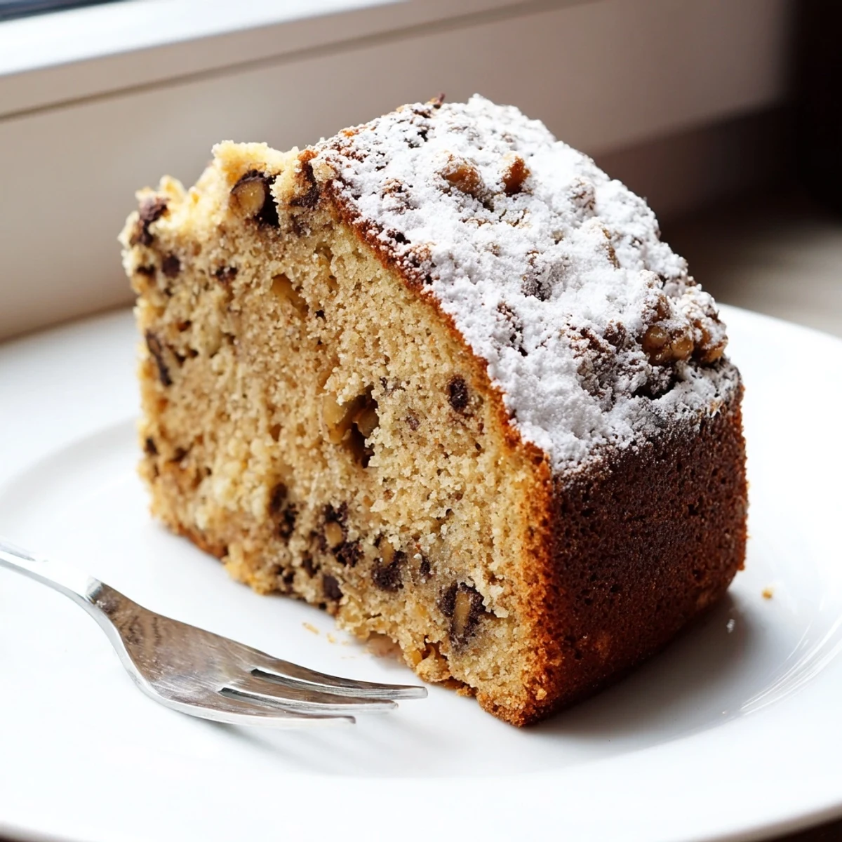 A golden banana cake slice topped with creamy frosting on a white plate.