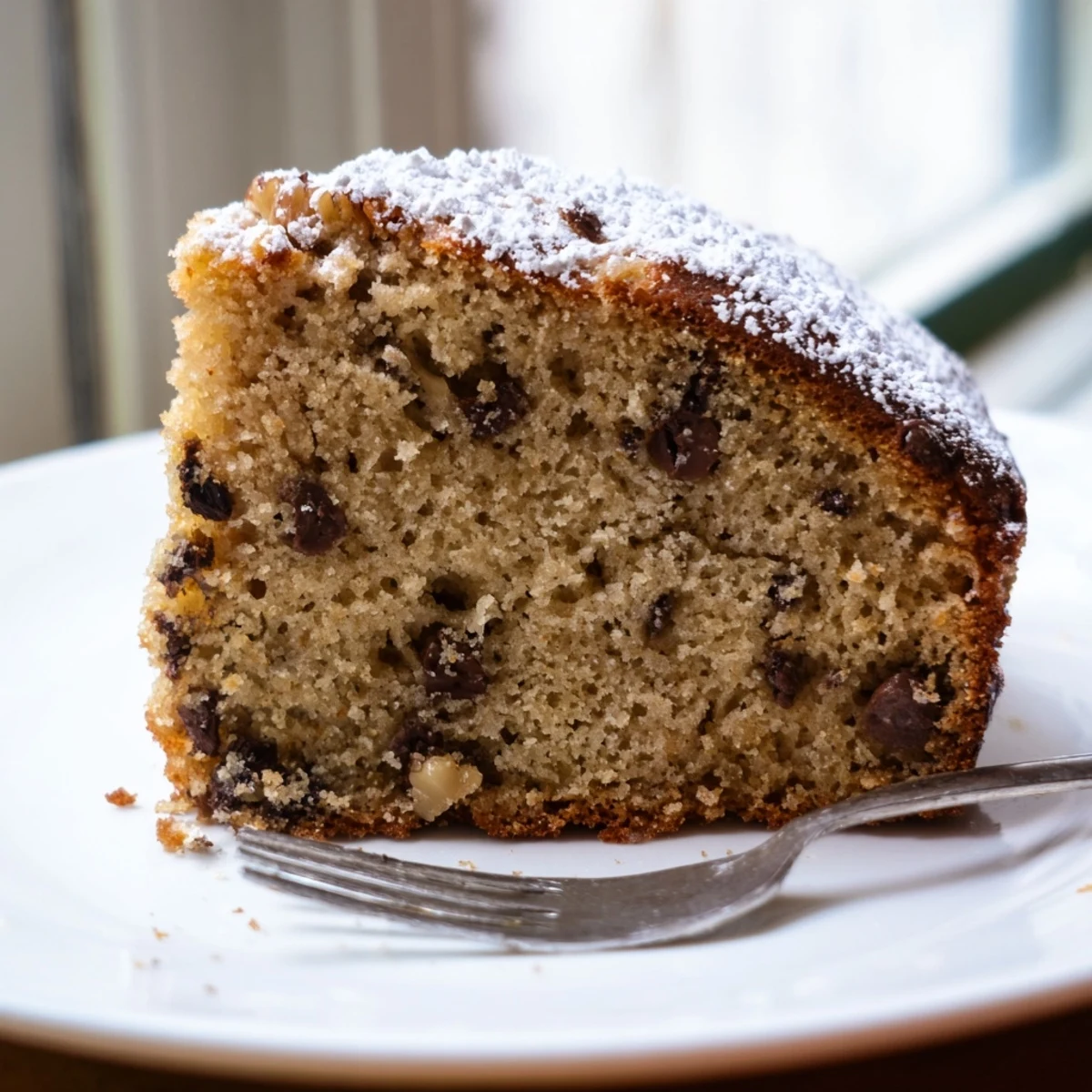 Tender banana cake dusted with powdered sugar beside a steaming cup of tea.
