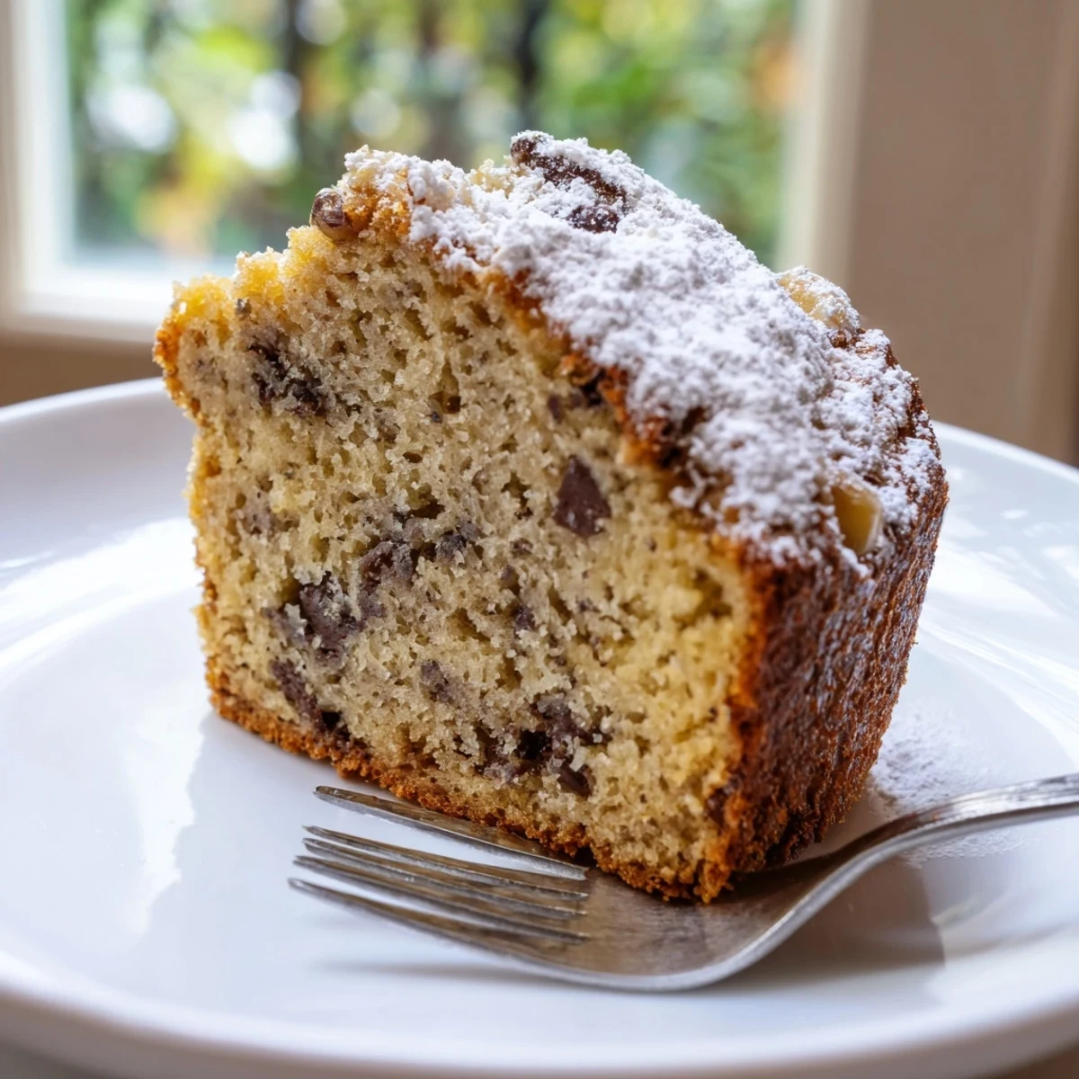 Moist banana cake with chocolate chips served warm on a rustic cutting board.
