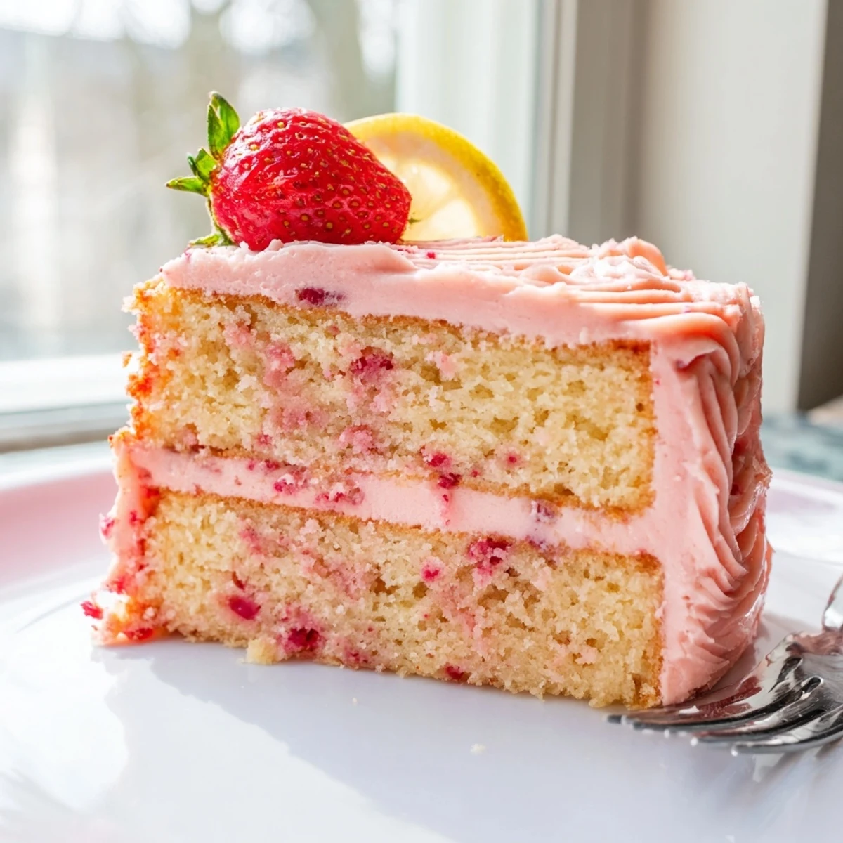 Slice of strawberry lemonade cake topped with pink frosting and fresh berries