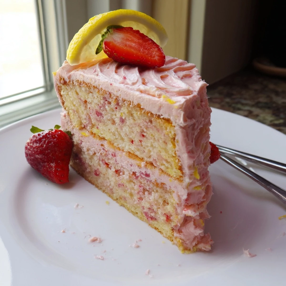 Tall strawberry lemonade cake garnished with lemon wheels and sliced ripe strawberries