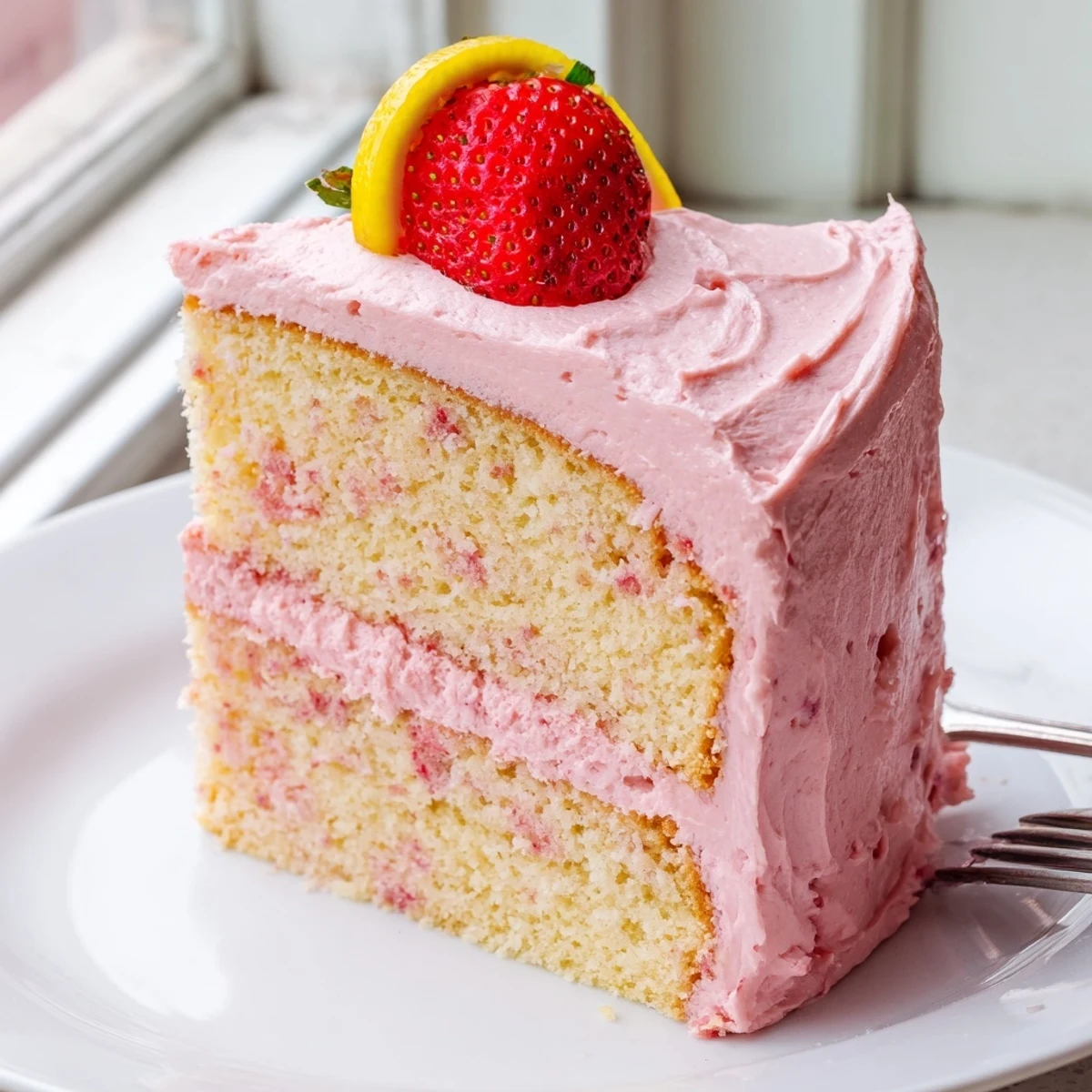 Moist strawberry lemonade cake layered with tangy cream cheese frosting on a plate