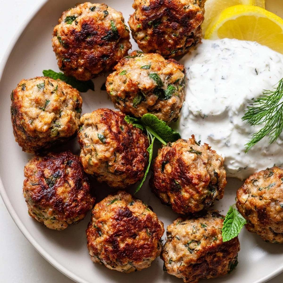Golden Greek turkey meatballs nestled beside a bowl of cool, creamy tzatziki sauce