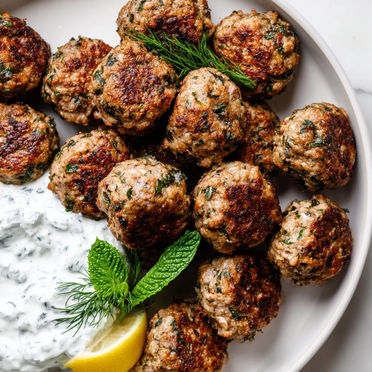 Crispy herb-flecked Greek turkey meatballs drizzled with tzatziki on a rustic white plate