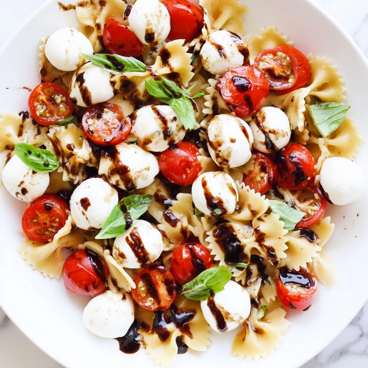 Caprese Pasta Salad with juicy tomatoes, fresh mozzarella, and balsamic glaze on a rustic serving plate