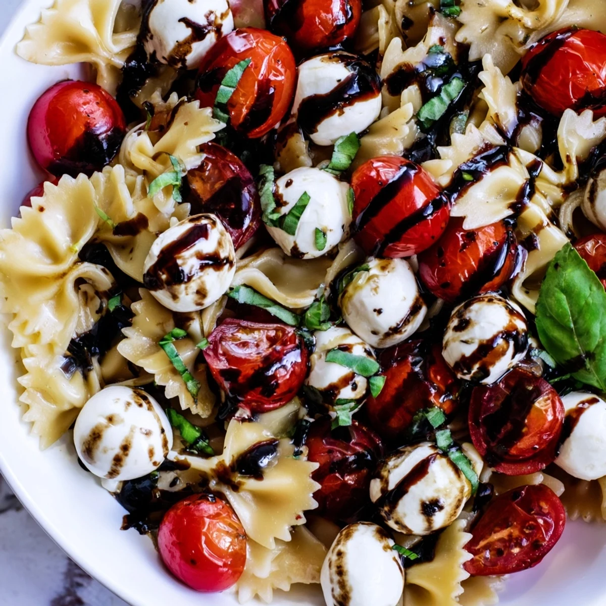 Close-up of Caprese Pasta Salad drizzled with glossy balsamic glaze and scattered mozzarella balls