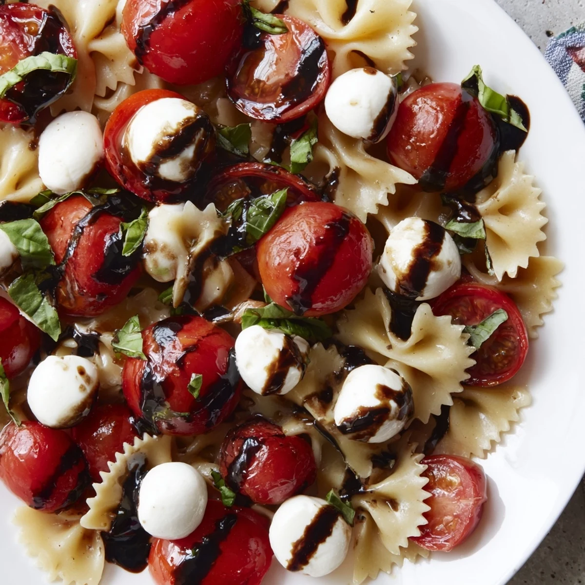 Vibrant bowl of Caprese Pasta Salad tossed with torn basil, cherry tomatoes, and tender penne