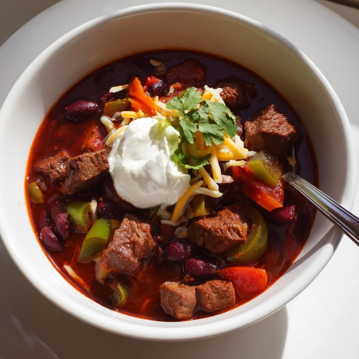 A steaming bowl of beefy chili stew loaded with tender beef chunks and hearty beans.