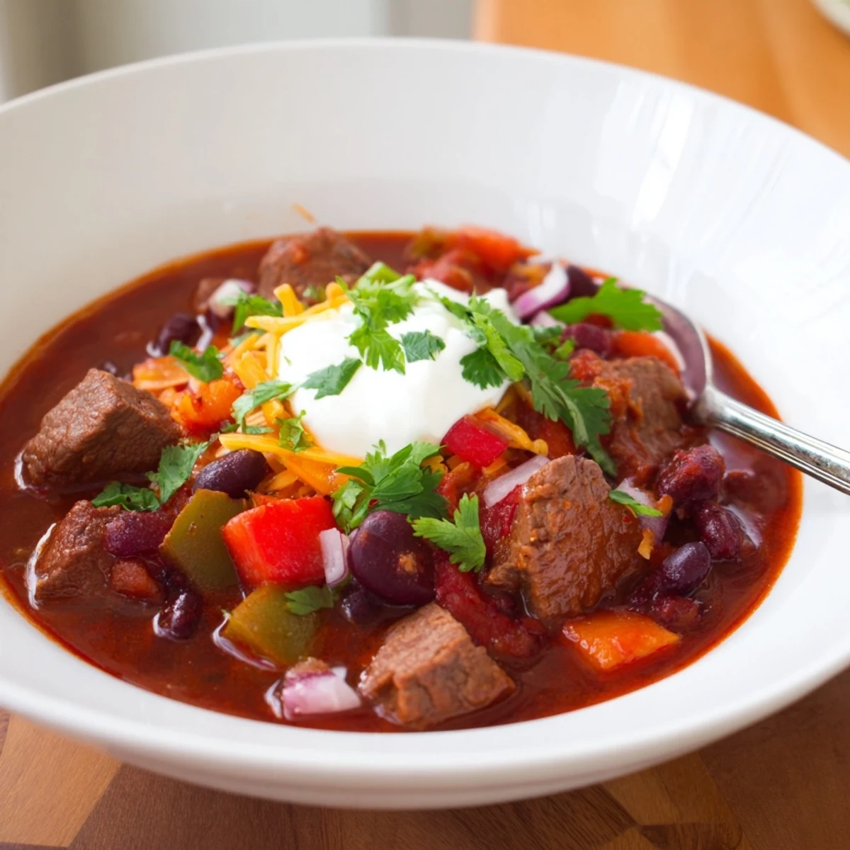 Thick beefy chili stew garnished with fresh cilantro in a rustic ceramic bowl.