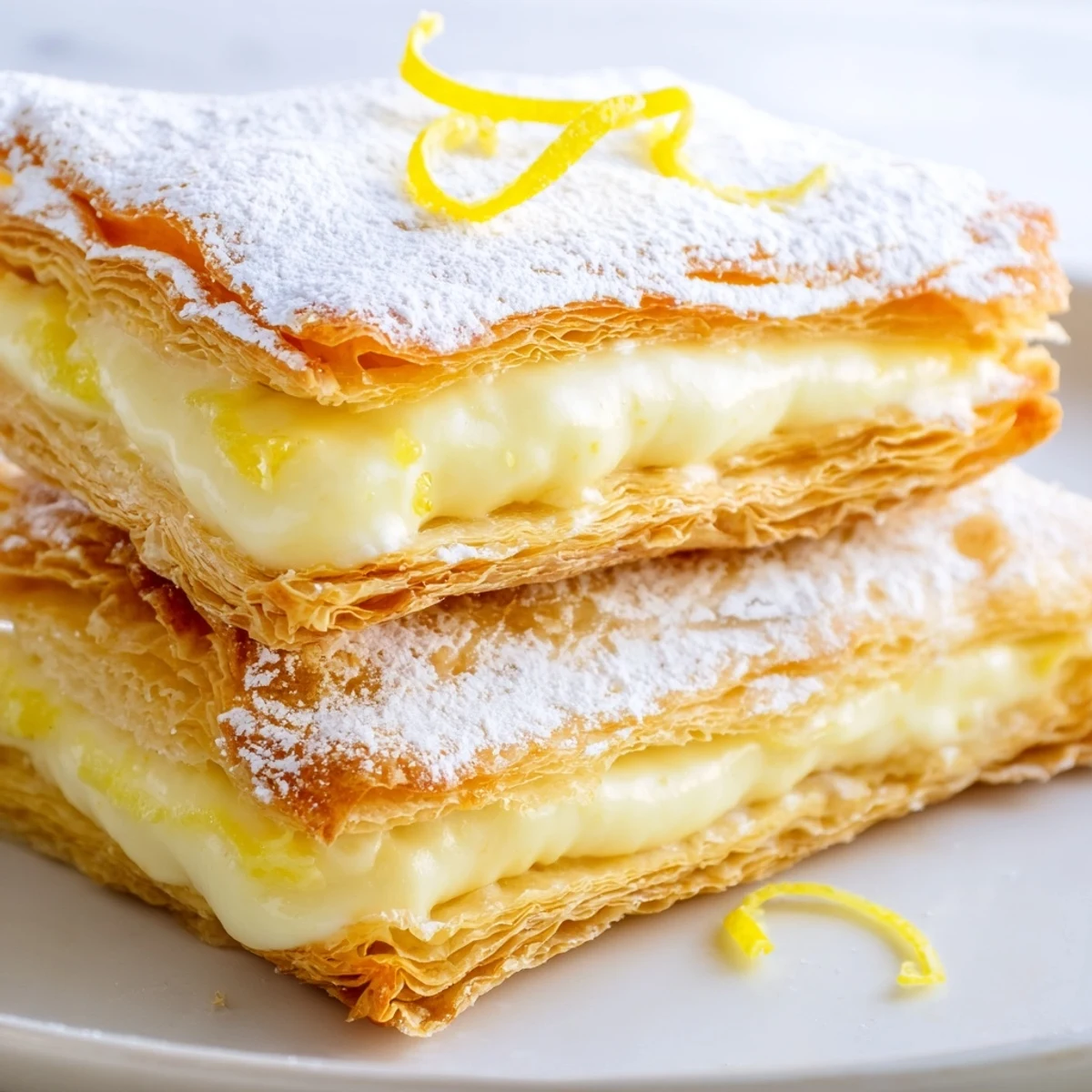Creamy lemon ricotta filling layered between flaky puff pastry mille feuille slices