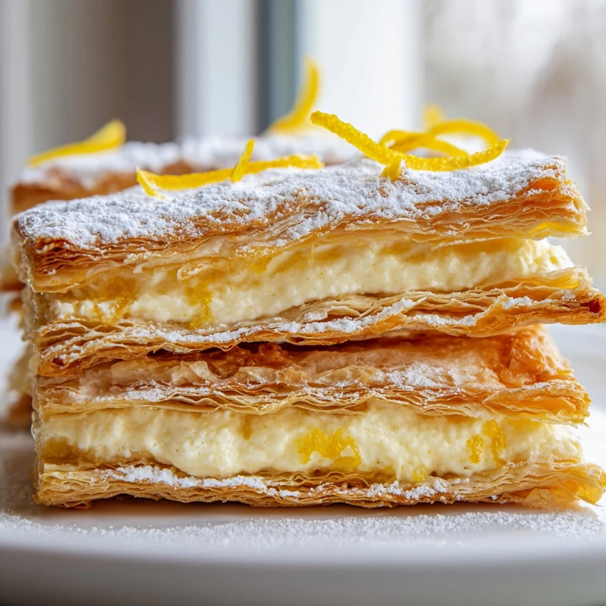 Crispy golden lemon ricotta puff pastry mille feuille dusted with powdered sugar